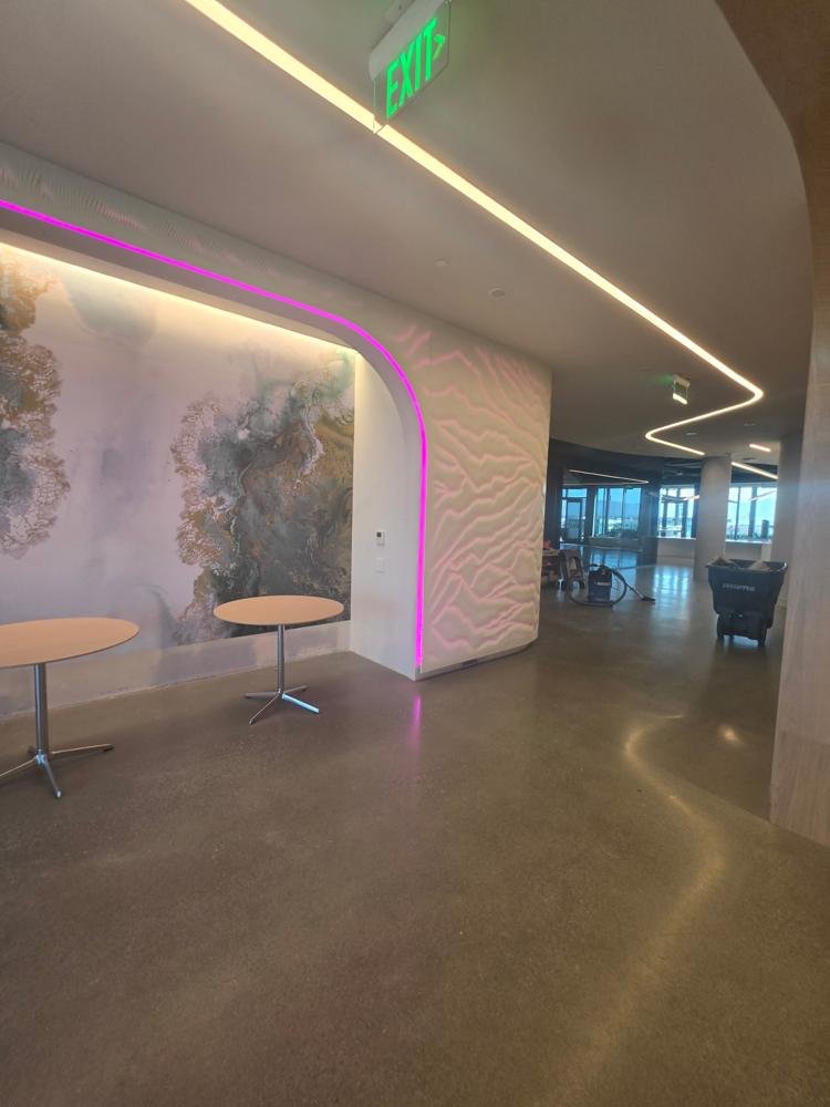 Backlit carved feature wall with an LED-lit arch in a Bay Area office